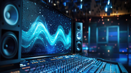 A professional speaker in a recording studio, with sound waves visibly extending outward.の素材