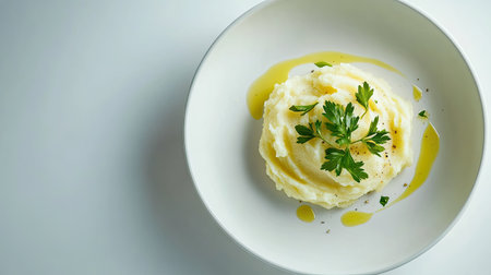 A single serving of mashed potatoes with vibrant parsley garnish, elegantly plated in a round white dish on a minimalist white surface.の素材