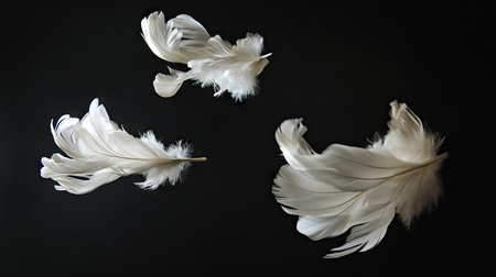 White feathers in different sizes floating mid-air, gently illuminated against black.の素材