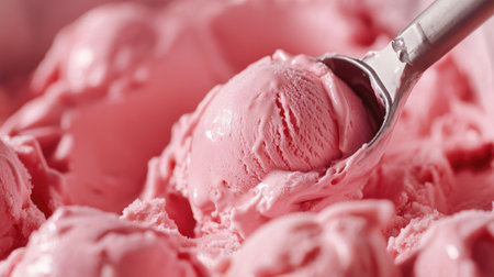 A slow-motion capture of an ice cream scooper gliding through a tub of soft and creamy gelato.の素材