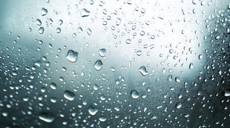 Water droplets on a clear glass with condensation, creating an artistic pattern as light shines through from the outsideの素材