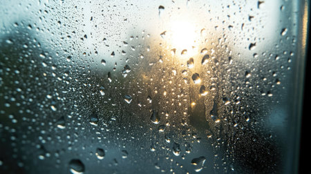 Water droplets on a clear glass with condensation, creating an artistic pattern as light shines through from the outsideの素材