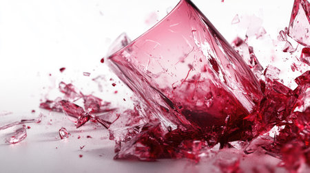 A broken wine glass with red wine spilling out, the glass shards clearly visible against a clean white background.の素材