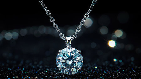 A breathtaking diamond pendant necklace suspended in air, illuminated perfectly against a black background.の素材