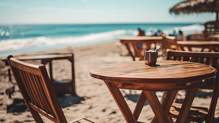 A casual beach caf with round wooden tables and comfortable chairs set up on a sunny beach terrace.の素材