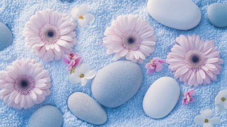 Spa stones and pastel-colored flowers arranged harmoniously on a clean, soft towel, evoking serenity.の素材