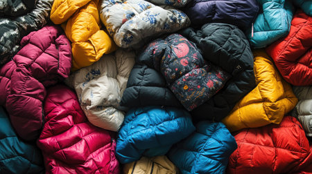 A well-organized pile of colorful winter jackets, each showcasing its softness and warmth, in a retail setting.の素材