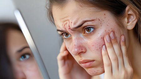 A woman with visible pimples on her nose and cheeks, looking into a mirror with a thoughtful expression.の素材