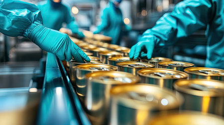 Workers in protective gear inspecting metal cans on a high-speed conveyor line in a food plant.の素材