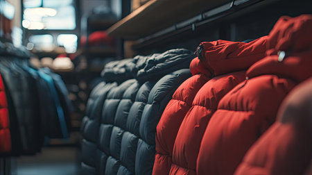 A close-up shot of piles of warm winter jackets stacked in a cozy retail store, ready for winter shoppers.の素材