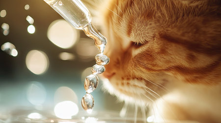 A close-up of a dropper dispensing clear serum onto a hand, with an elegant and calming feel to the photo.の素材