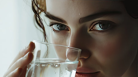 A close-up shot of a woman sipping water from a clear glass, with a refreshed look, on a white background.の素材