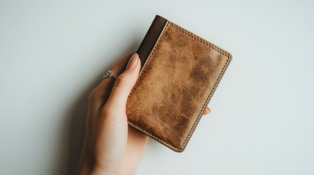 A close-up of a female hand with delicate jewelry holding a high-end wallet, isolated on a sleek white surface.の素材