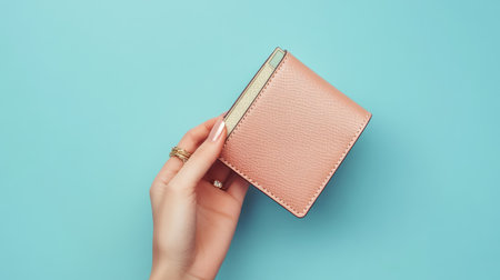 A woman's hand with elegant rings holding an open wallet, revealing its contents, isolated on a clean background.の素材