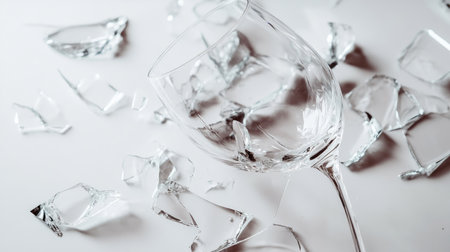 A broken wine glass lying on a white surface with jagged edges, fragments of glass surrounding it.の素材
