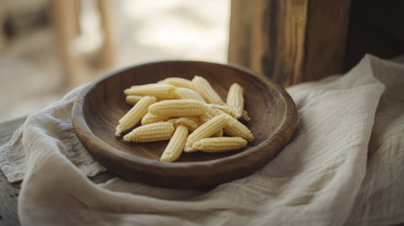 Fresh baby corn in a wooden plate, with a linen napkin beside it for a cozy presentation.の素材