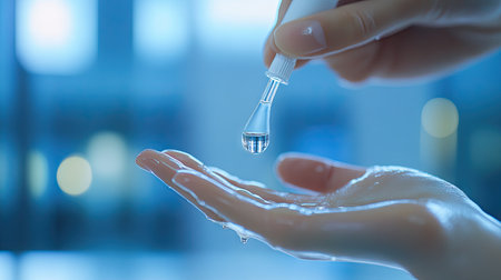 A drop of clear serum dripping from a dropper, captured in mid-air before landing softly on a hand.の素材