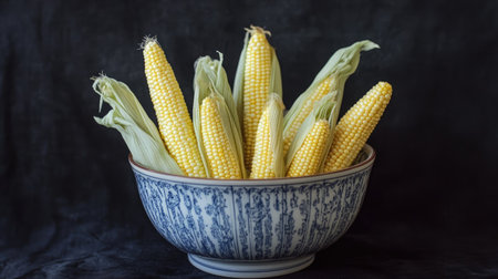 Fresh baby corn in a decorative bowl, with a subtle shadow enhancing depth and realism.の素材