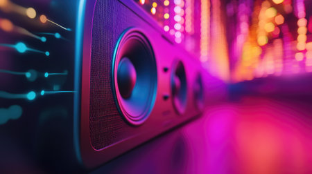 A stereo speaker in a nightclub setting with sound waves pulsing in sync with the music.の素材