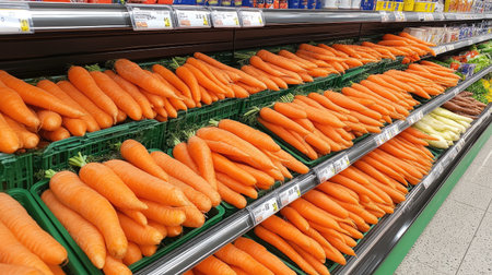 A wide shot of the vegetable aisle at a supermarket, with organic orange carrots prominently displayed on the shelf.の素材