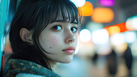 A young woman with a few pimples on her cheekbones, captured in a candid moment, her expression thoughtful.の素材
