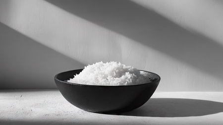 A bowl of white rice on a textured grey background, with soft shadows emphasizing its fluffy texture.の素材