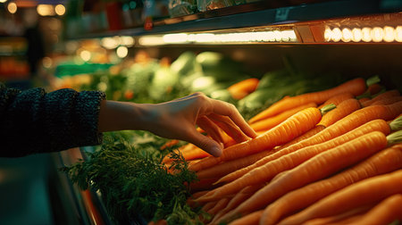 A woman's hand selecting organic carrots from the vegetable section in a supermarket, with other fresh produce in the background.の素材
