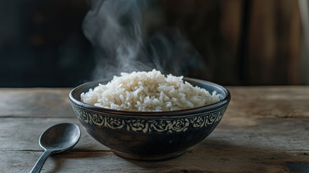 A steaming bowl of white rice placed on a rustic wooden background, with a spoon beside it.の素材