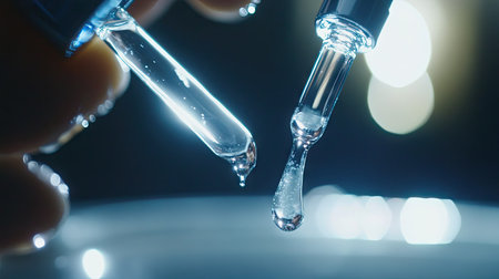 Clear serum slowly dripping from a dropper onto a hand, with soft lighting and a focus on skincare luxury.の素材