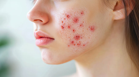 A close-up of a woman's face showing acne and pimples on her chin, with a soft-focus background.の素材