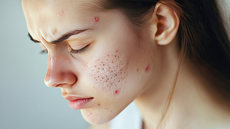 A woman with pimples on her cheeks and forehead, looking down thoughtfully, with natural light highlighting her features.の素材