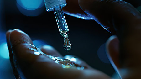 A close-up view of a dropper releasing clear serum on a person's hand, with an emphasis on skincare and luxury.の素材