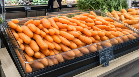 A variety of organic orange carrots displayed in bulk at a supermarket, with shoppers browsing in the background.の素材