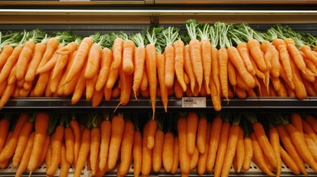 A wide shot of the vegetable aisle at a supermarket, with organic orange carrots prominently displayed on the shelf.の素材