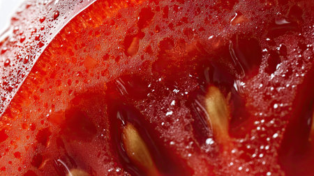 A close-up of a tomato slice with visible juice vesicles and a rich, deep red color, isolated on white.の素材