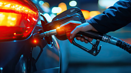 A close-up of a hand gripping a fuel pump nozzle, refueling a car at a modern gas station with bright lightingの素材