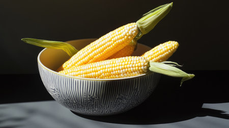 Fresh baby corn in a decorative bowl, with a subtle shadow enhancing depth and realism.の素材