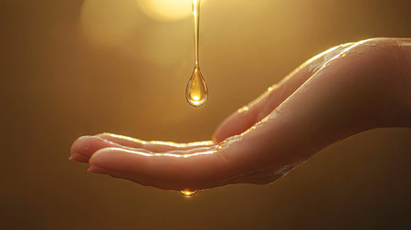A drop of clear serum dripping from a dropper, captured in mid-air before landing softly on a hand.の素材