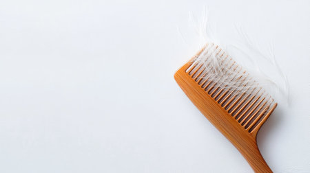 A comb with a few strands of hair left in the bristles, placed on a clean white background, illustrating hair fall.の素材