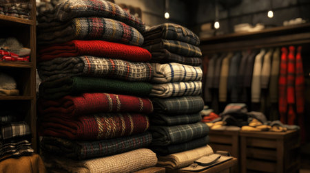 Piled stacks of plush winter jackets in a cozy fashion boutique, with soft lighting highlighting the textures.の素材