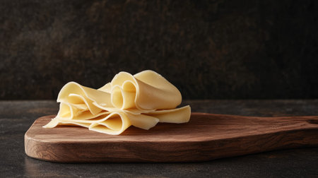 A wooden cutting board with a wedge of Maasdam cheese and a stack of thin slices curling naturally at the edges.の素材