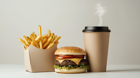 A delicious fast-food combo of a burger, fries, and a steaming coffee cup, all in recyclable cardboard packaging on a clean white backgroundの素材