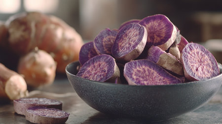 A bowl filled with whole and sliced purple sweet yams, creating a visually appealing natural food display.の素材
