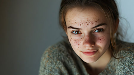 A woman with visible acne on her forehead and cheeks, sitting casually and smiling softly.の素材