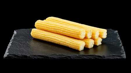 Fresh baby corn stacked on a black slate plate, highlighting its vibrant yellow color.の素材
