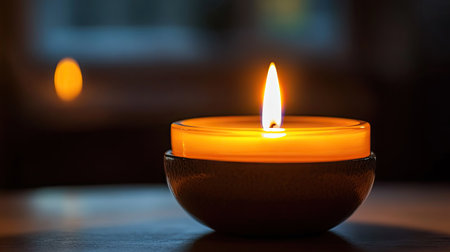 A burning candle in a holder, its bright flame shining through the black background, highlighting its soft glow.の素材