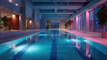 Indoor swimming pool with vibrant tiles and no people, glowing under soft overhead lightsの素材