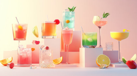 A collection of cocktail glasses with various colorful drinks, arranged on podiums with a modern aesthetic.の素材