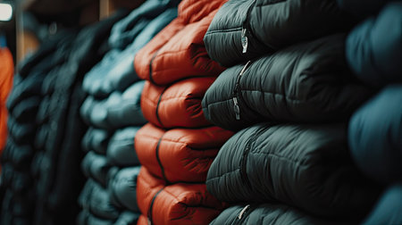 A close-up shot of piles of warm winter jackets stacked in a cozy retail store, ready for winter shoppers.の素材