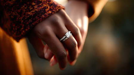 Interlocked hands with silver wedding rings, warm tones and shallow depth of fieldの素材